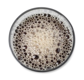 Photo of Full glass of beer isolated on white, top view