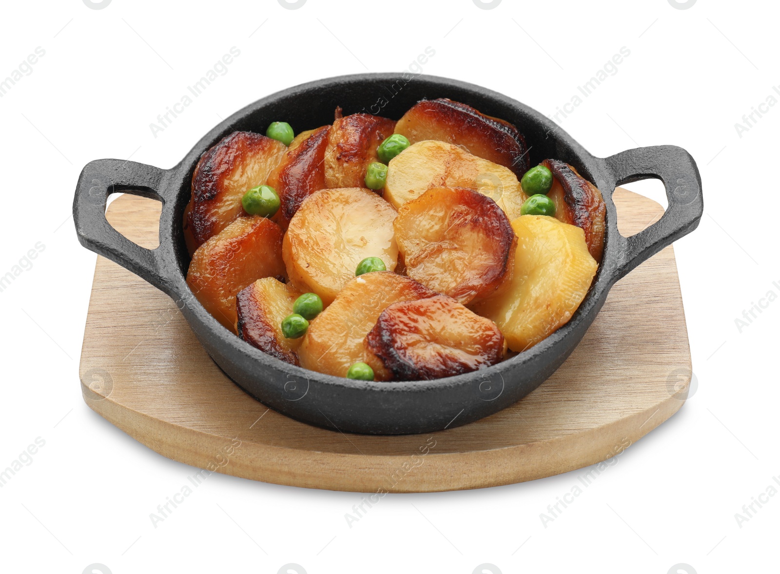 Photo of Tasty baked potatoes with peas isolated on white