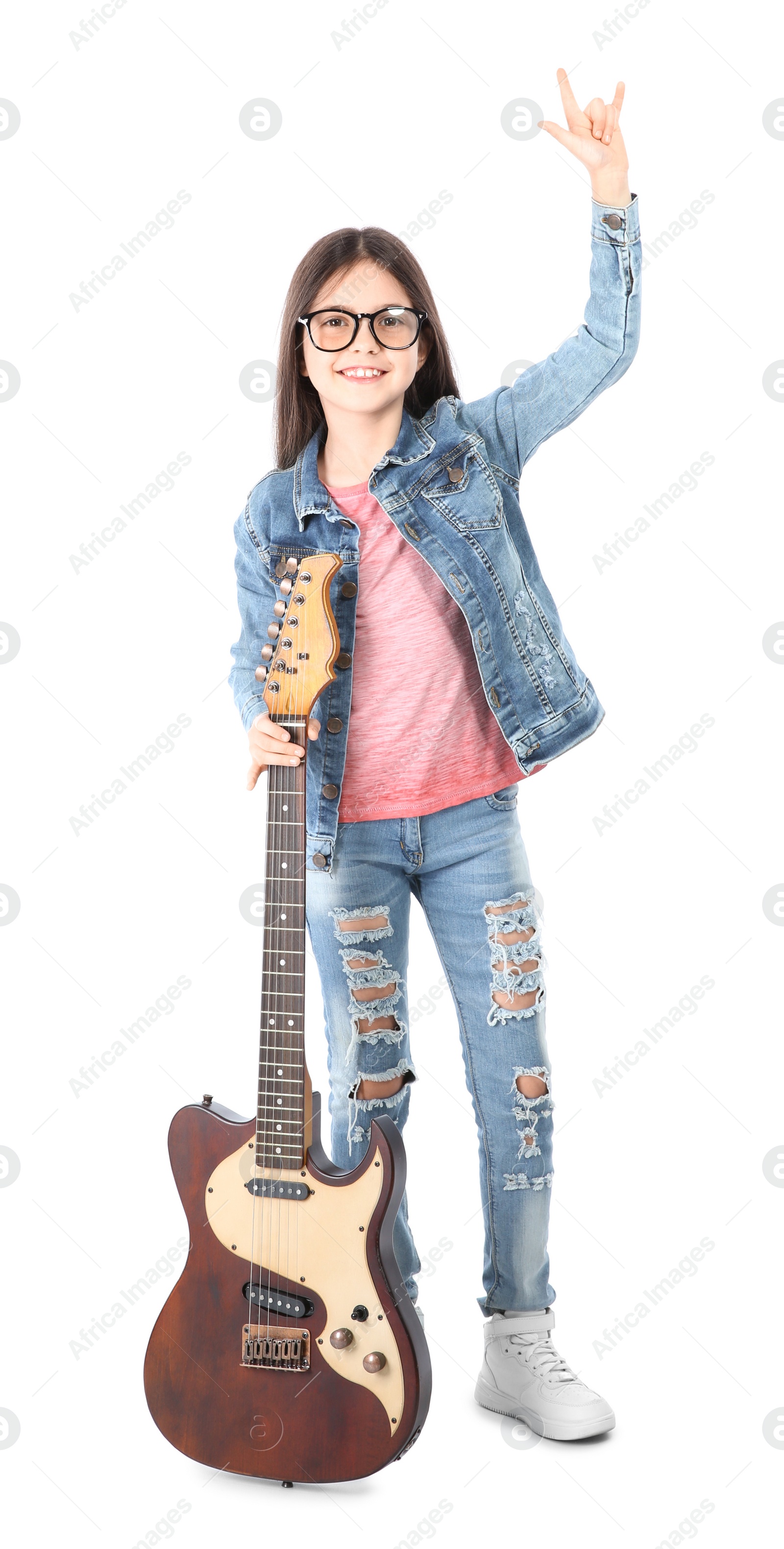 Photo of Little pretty girl with guitar isolated on white