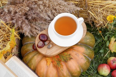 Photo of Books, pumpkin, apples and cup of tea outdoors, above view. Autumn season