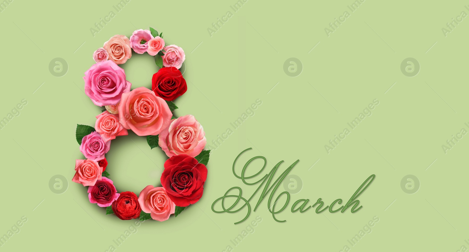 Image of International Women's Day greeting card design with number 8 of beautiful flowers on light green background