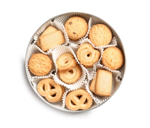 Photo of Box with Danish butter cookies on white background, top view