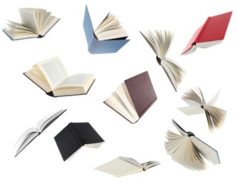 Image of Many hardcover books falling on white background