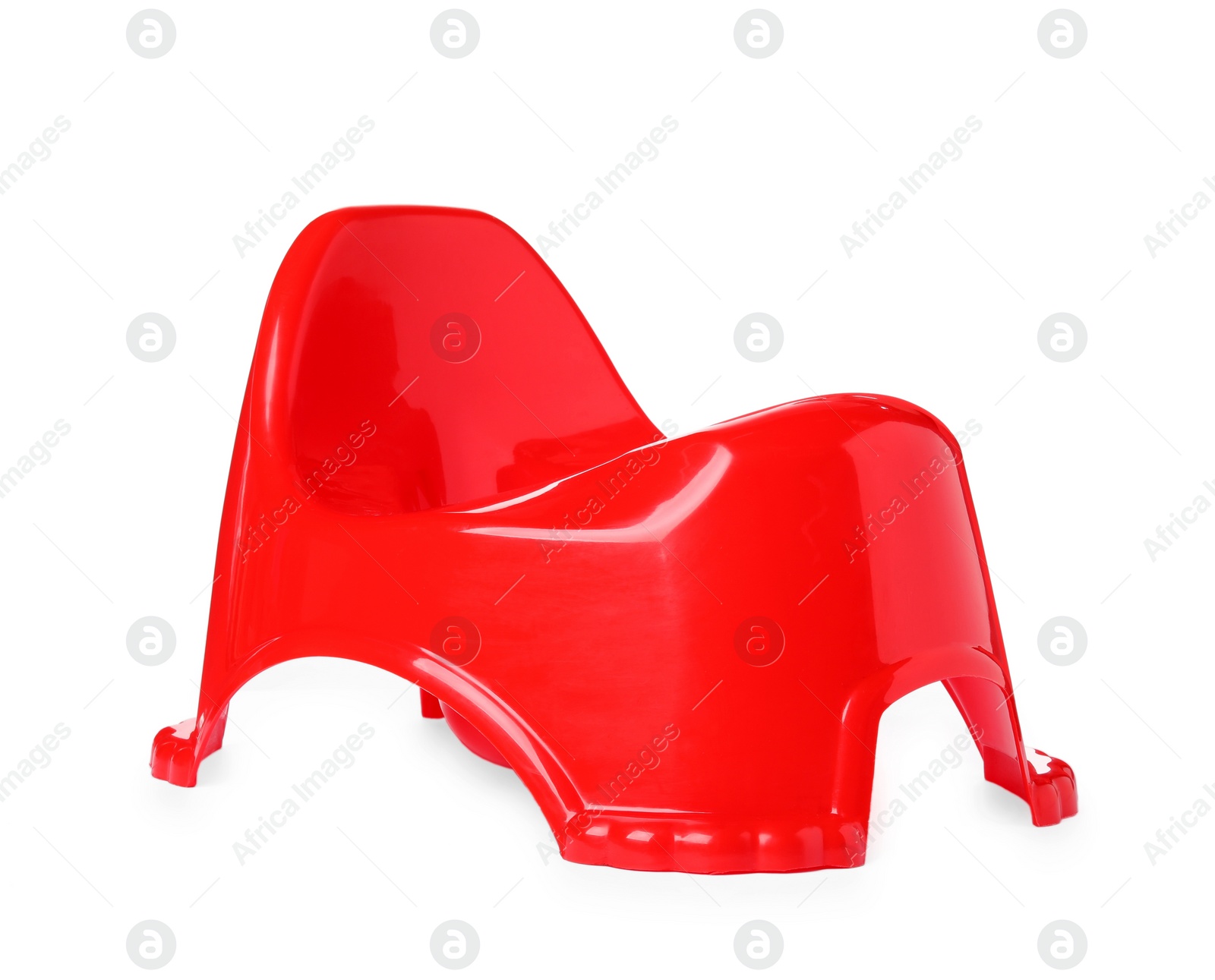 Photo of Red baby potty on white background. Toilet training