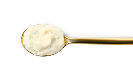 Photo of Tartar sauce in spoon isolated on white, top view