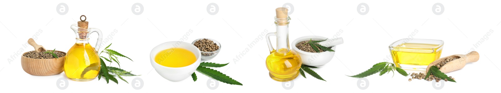 Image of Set with hemp oil, seeds and leaves on white background. Banner design