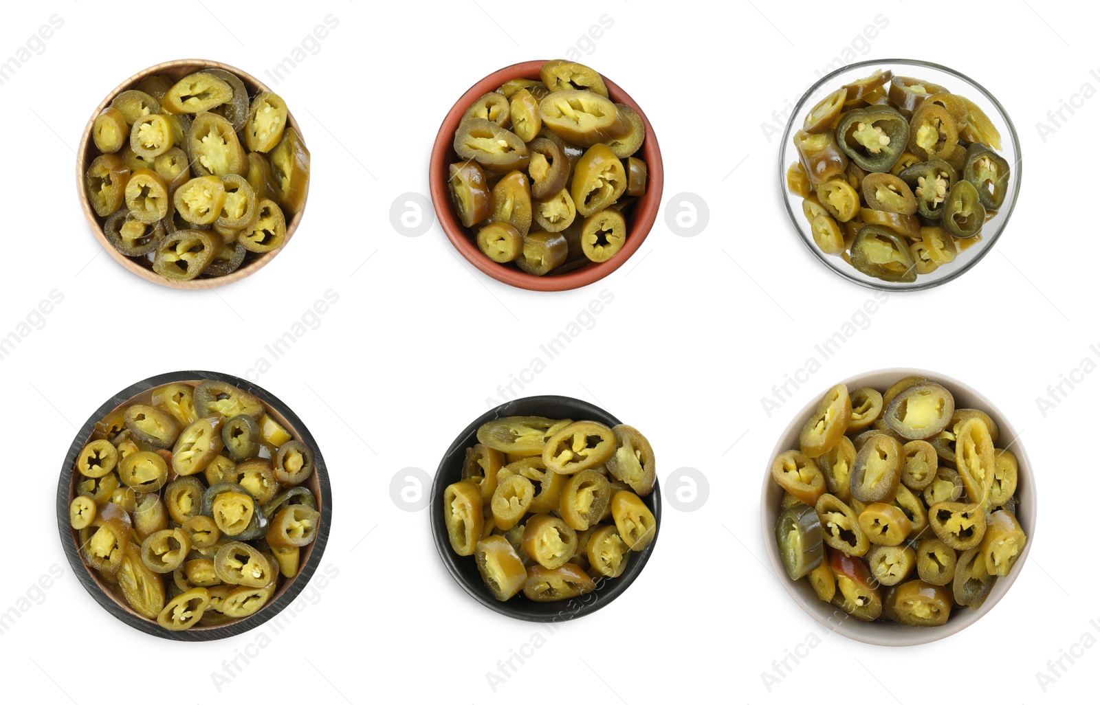 Image of Set with pickled green jalapeno peppers on white background, top view