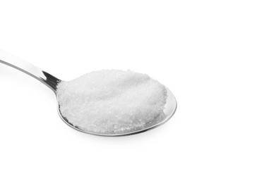 Photo of Spoon with granulated sugar isolated on white