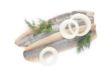Photo of Delicious salted herring fillets with onion rings and dill on white background, top view