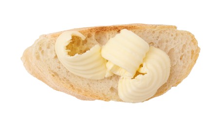 Photo of Tasty butter curl and slice of bread isolated on white, top view