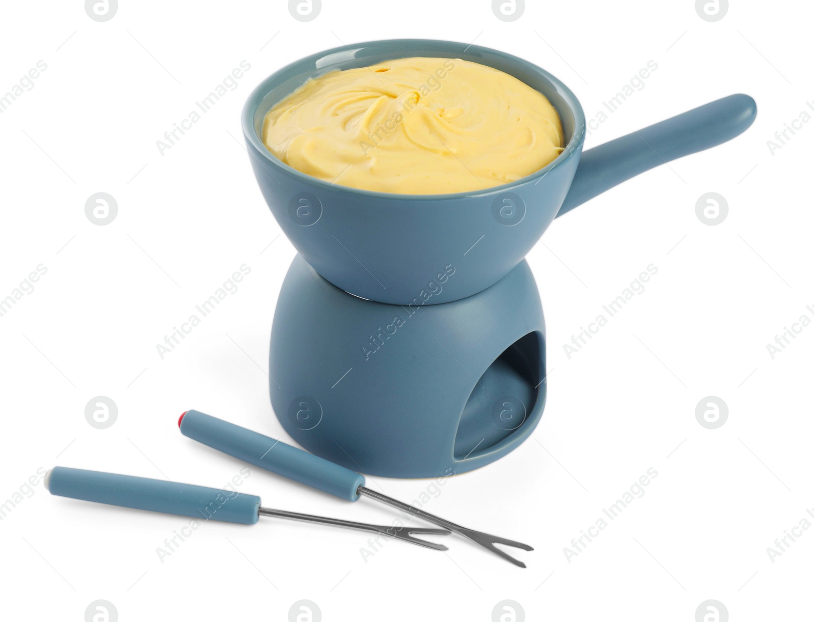 Photo of Fondue with tasty melted cheese and forks isolated on white