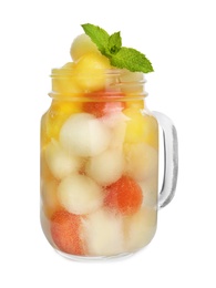 Photo of Mason jar of melon and watermelon ball cocktail with mint on white background
