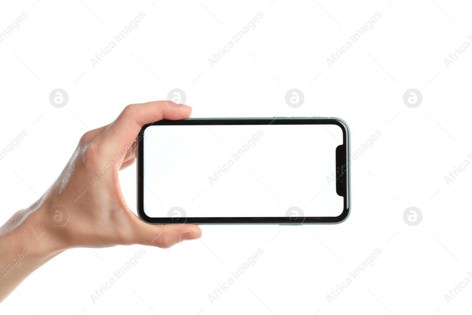 Photo of MYKOLAIV, UKRAINE - JULY 07, 2020: Woman holding iPhone 11 on white background, closeup. Mockup for design