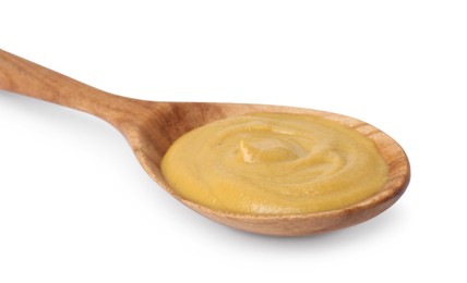 Photo of Fresh tasty mustard sauce in wooden spoon isolated on white