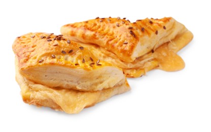 Photo of Fresh delicious puff pastry with cheese on white background, closeup