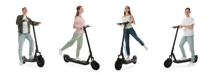 Man and woman with electric kick scooter isolated on white. Set of photos