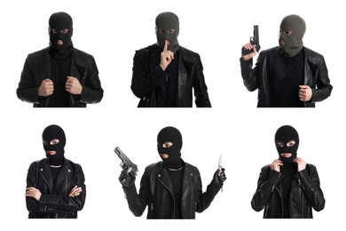 Collage with photos of people in balaclavas on white background