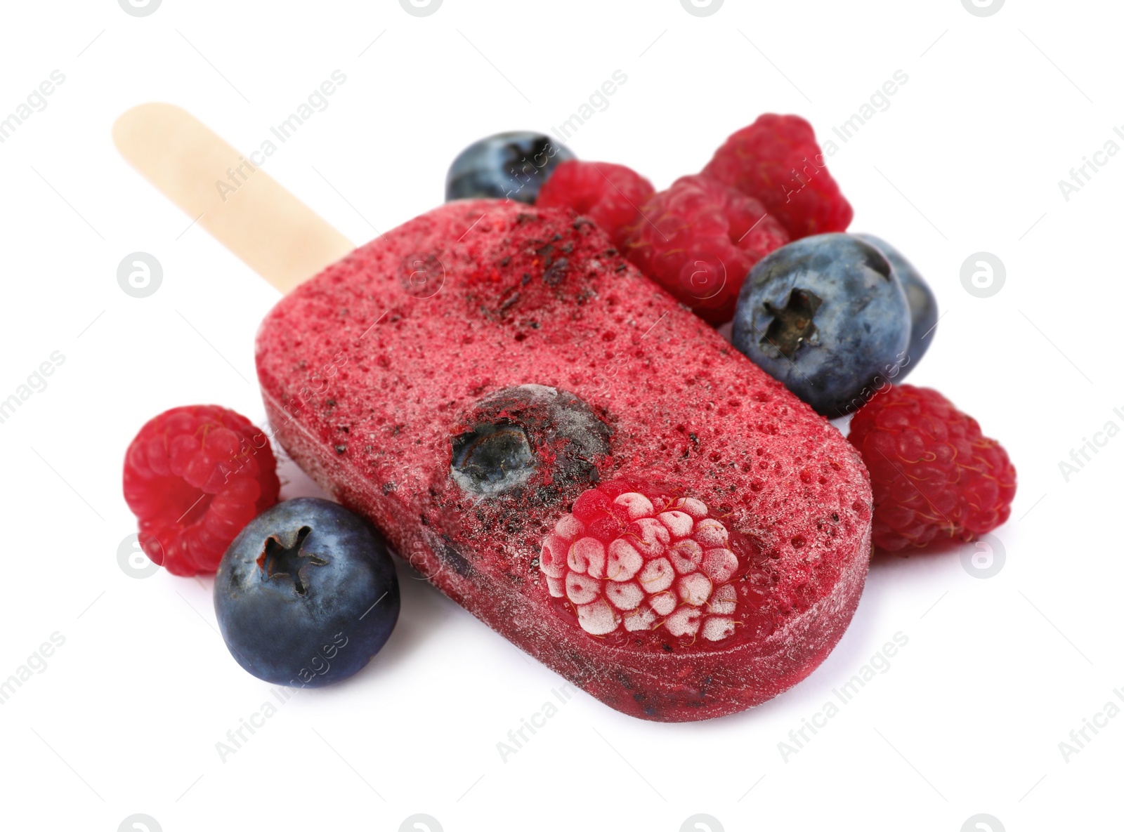 Photo of Tasty berry ice pop isolated on white. Fruit popsicle