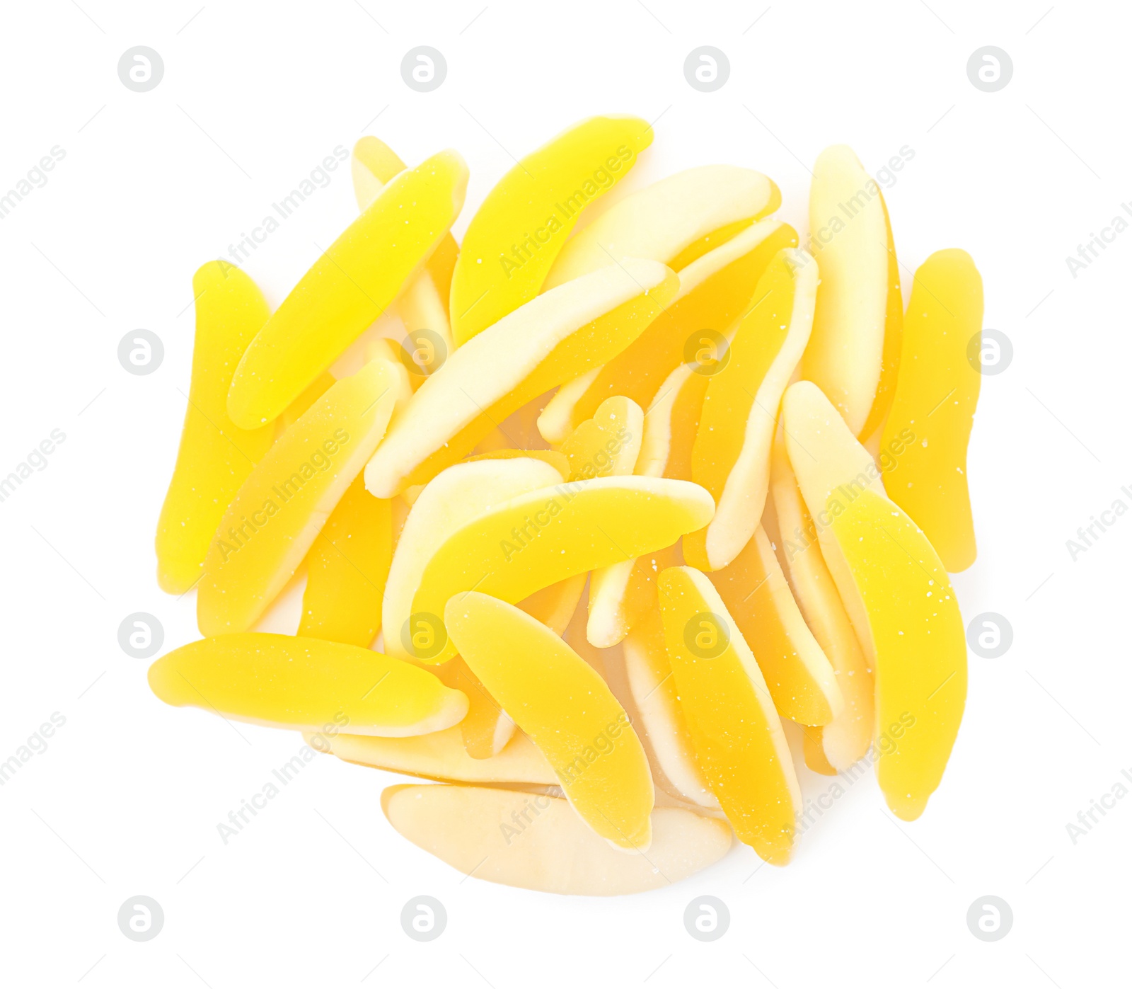 Photo of Pile of tasty colorful jelly candies on white background, top view