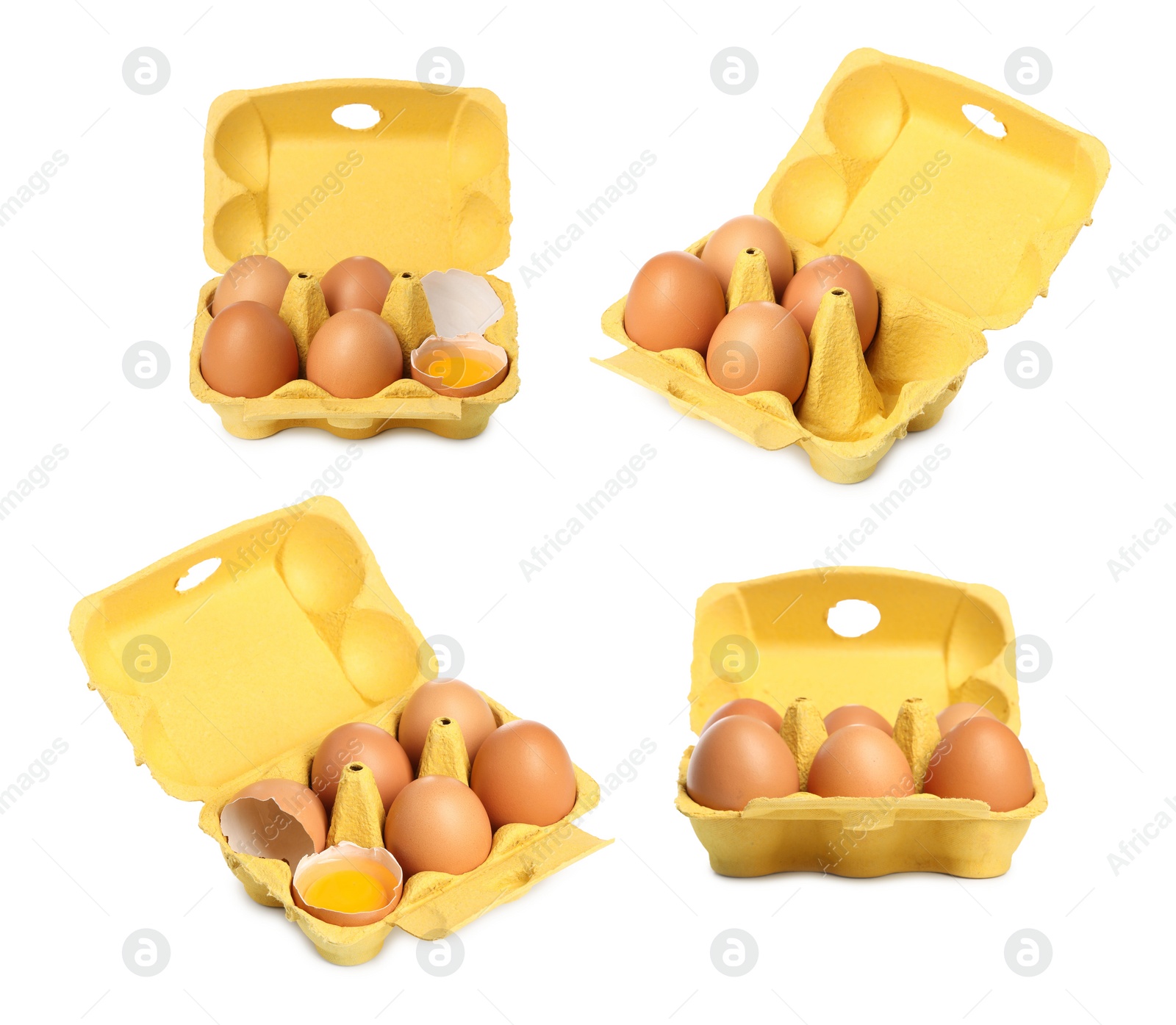 Image of Brown chicken eggs in egg cartons isolated on white, set