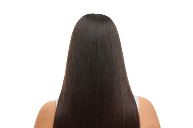 Photo of Woman with healthy hair after treatment isolated on white, back view