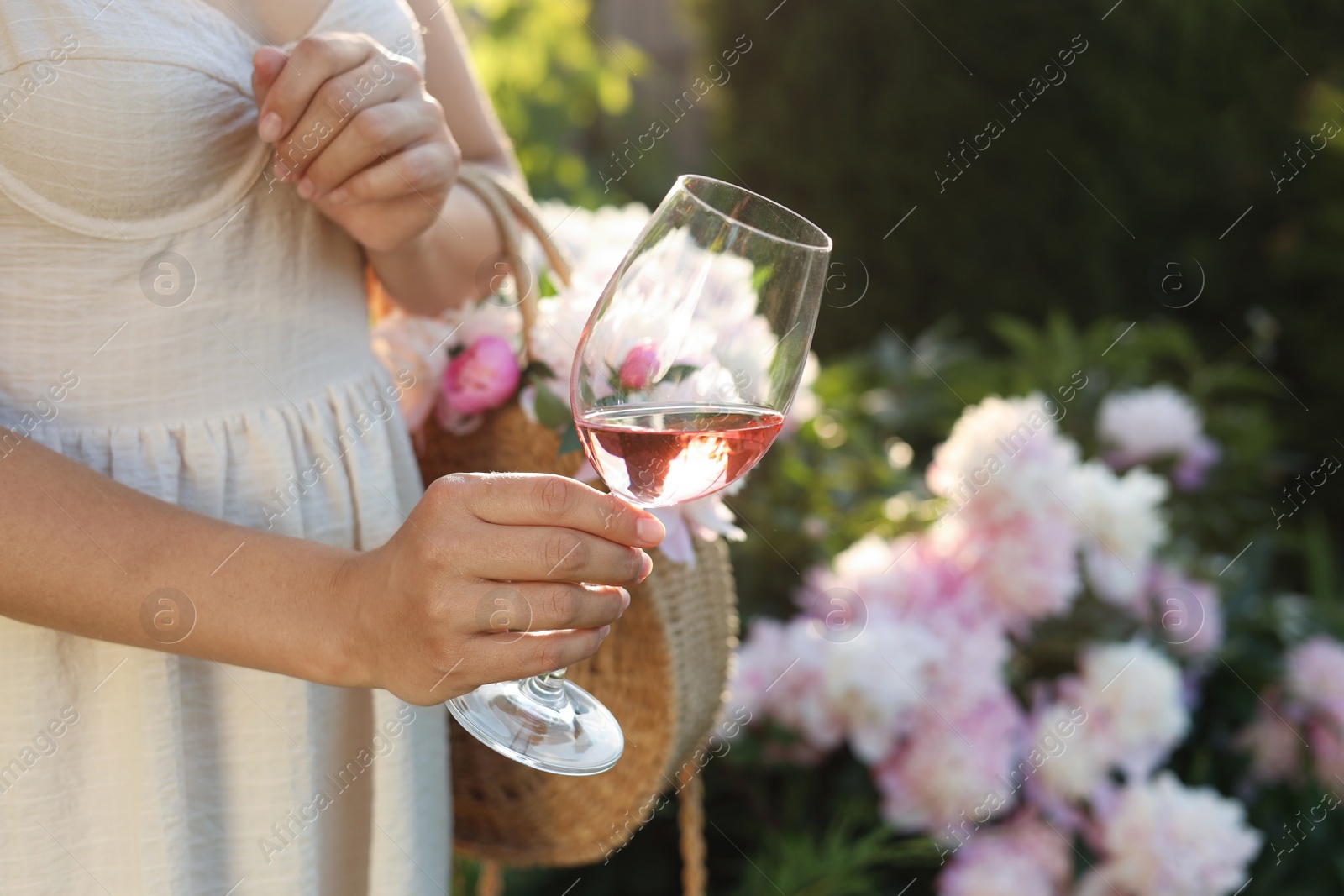 Photo of Woman with glass of rose wine and straw bag in peony garden, closeup