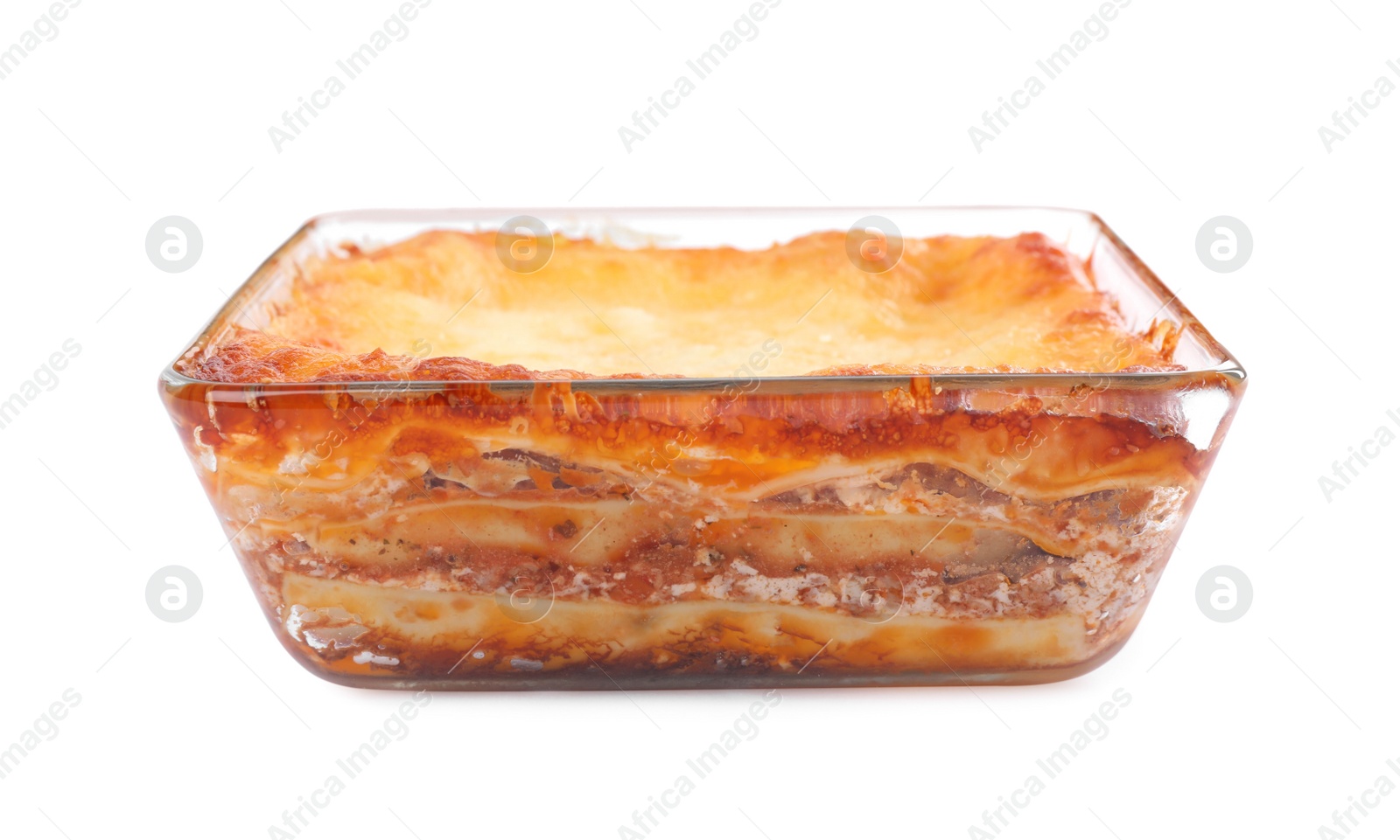 Photo of Tasty cooked lasagna in baking dish isolated on white