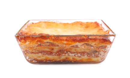 Photo of Tasty cooked lasagna in baking dish isolated on white