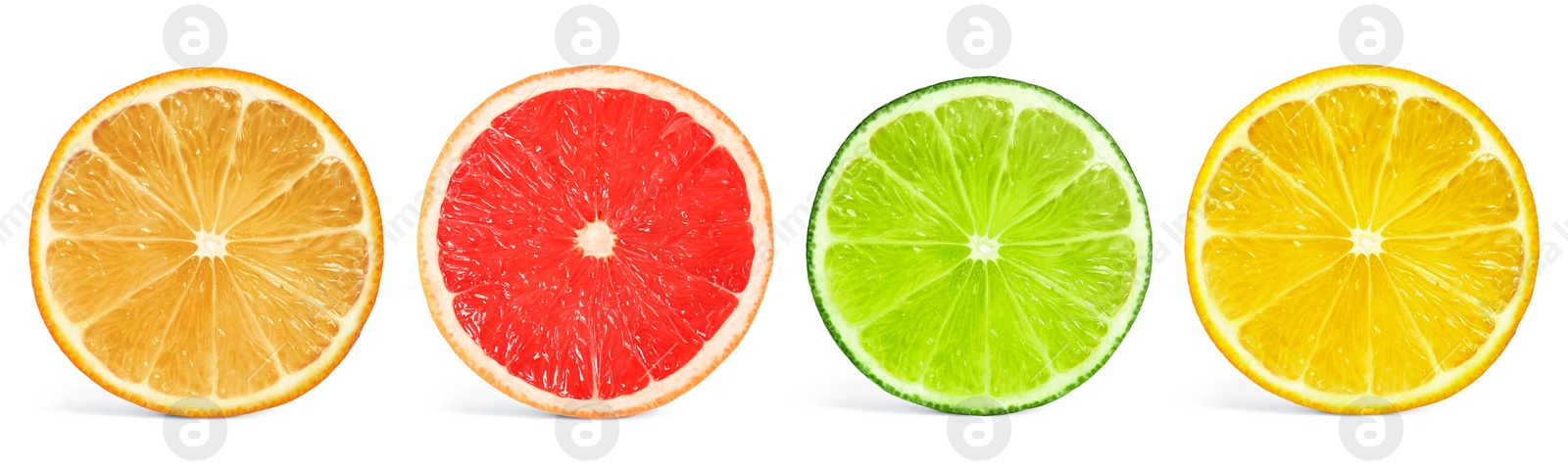 Image of Set of different citrus slices on white background, top view. Banner design