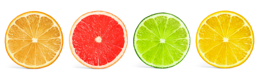 Image of Set of different citrus slices on white background, top view. Banner design