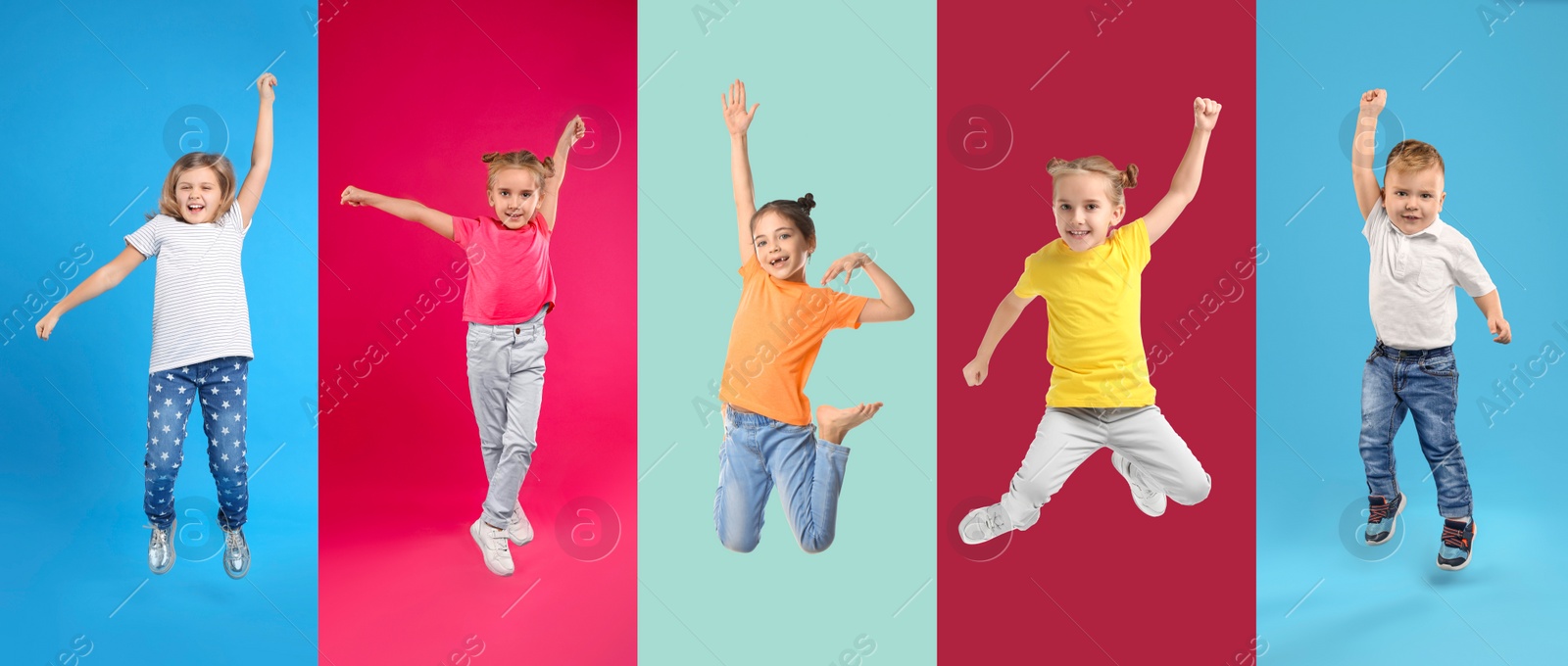 Image of Group of children jumping on color backgrounds, set of photos