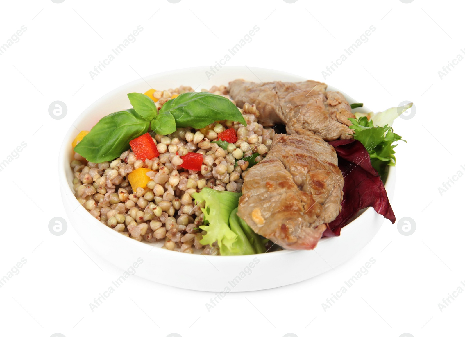 Photo of Tasty buckwheat porridge with meat isolated on white