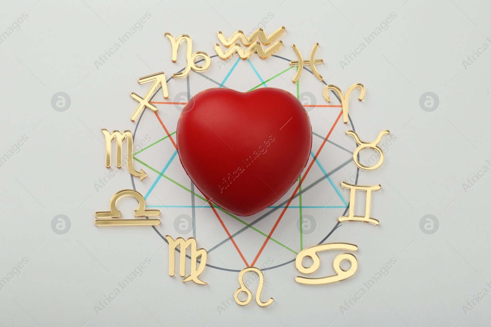 Photo of Zodiac wheel with red heart on light grey background, flat lay