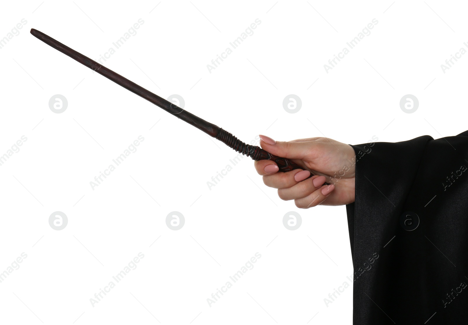 Photo of Wizard holding magic wand on white background, closeup