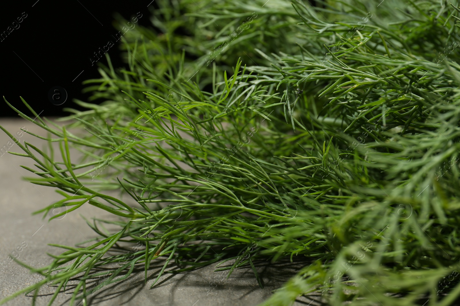 Photo of Fresh green dill on grey table, closeup