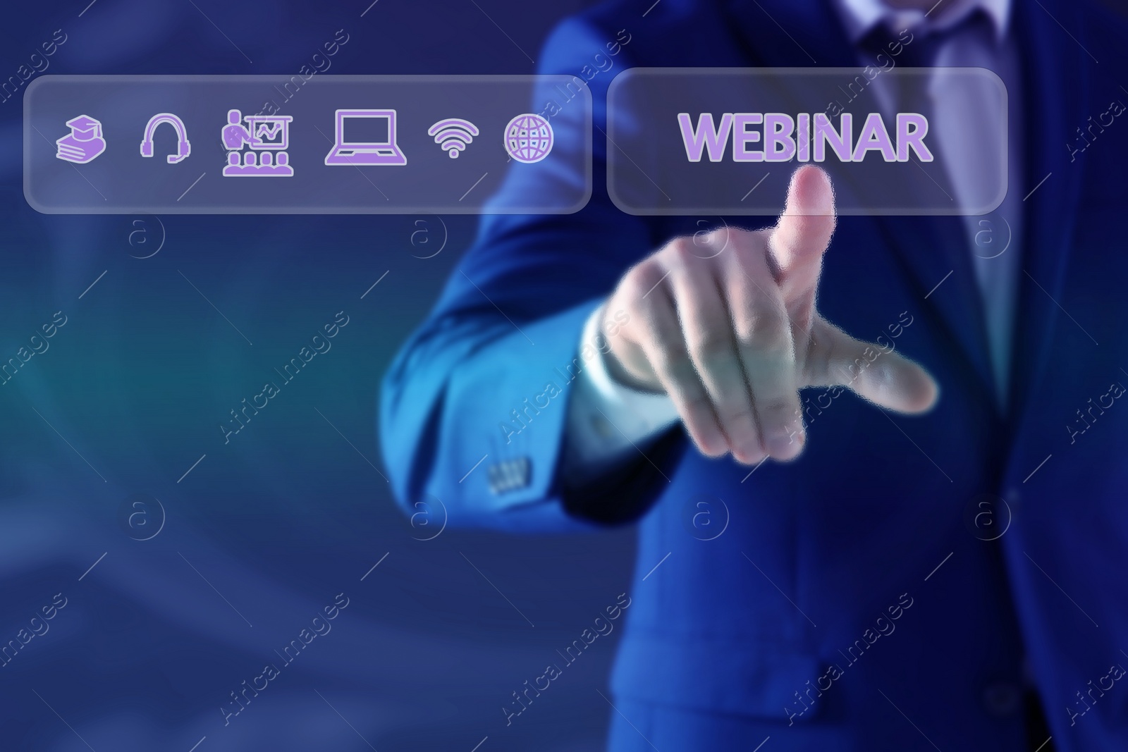 Image of Webinar. Businessman using virtual screen with icons on blue background, closeup