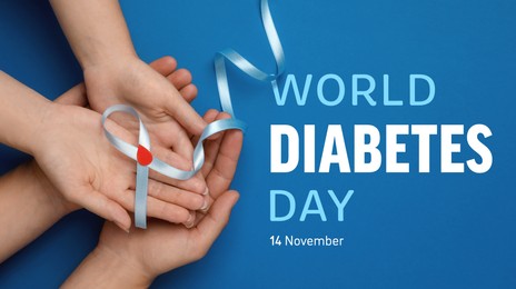 World Diabetes Day. People holding light blue ribbon with paper blood drop on color background, top view. Banner design