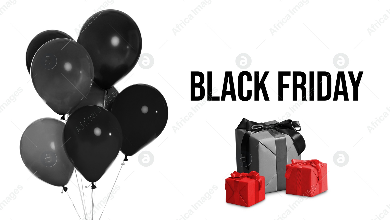 Image of Text BLACK FRIDAY, balloons and boxes on white background