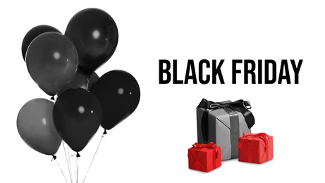 Text BLACK FRIDAY, balloons and boxes on white background