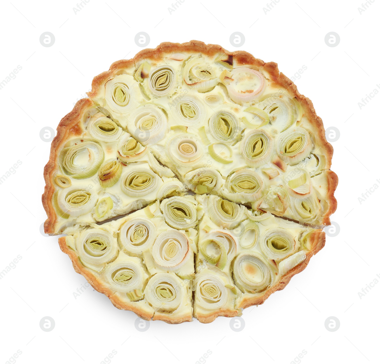 Photo of Tasty leek pie isolated on white, top view