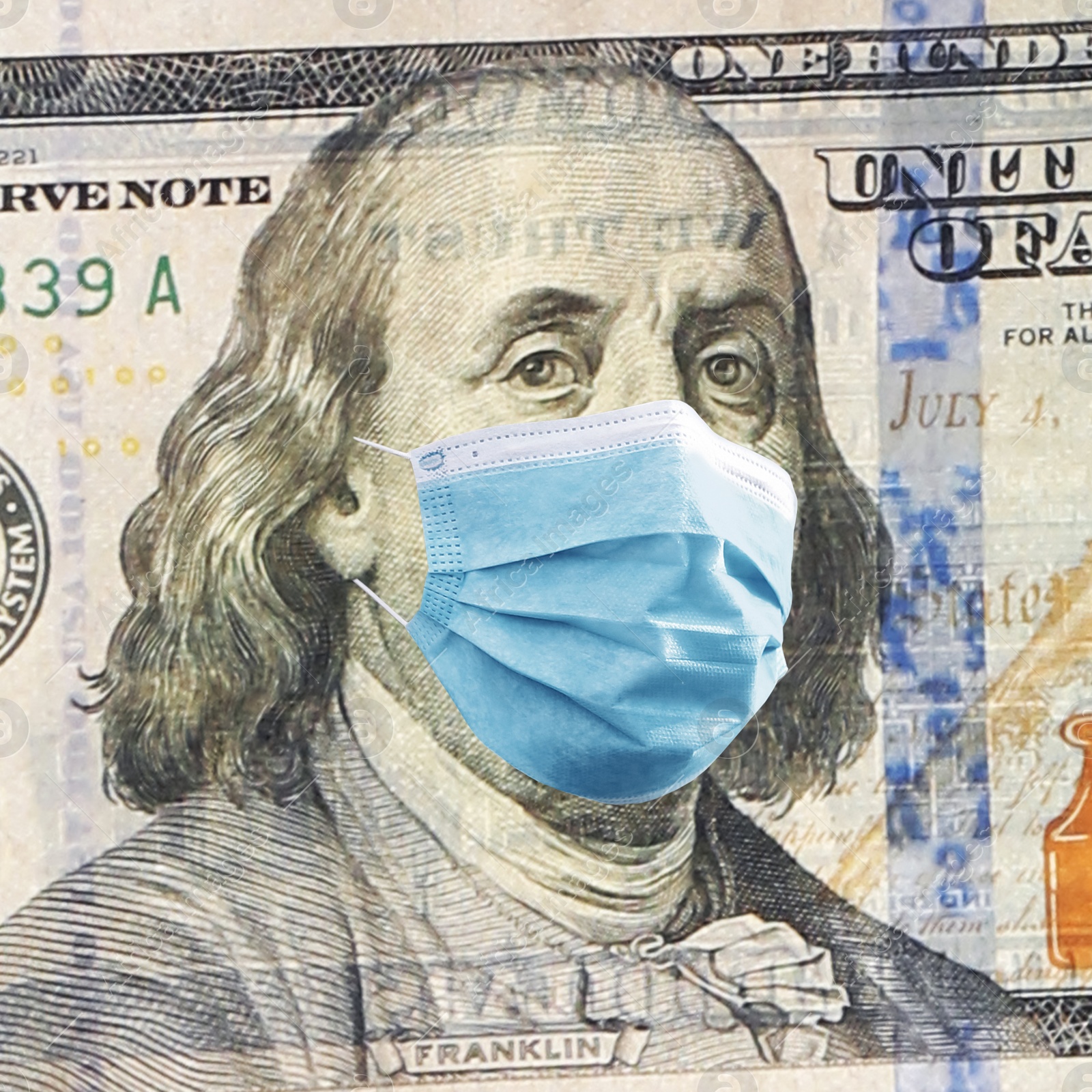 Image of One hundred dollar banknote with face mask, closeup