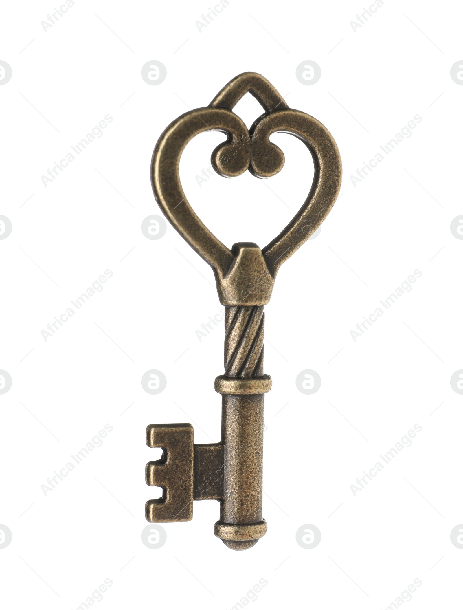 Photo of Bronze vintage ornate key on white background