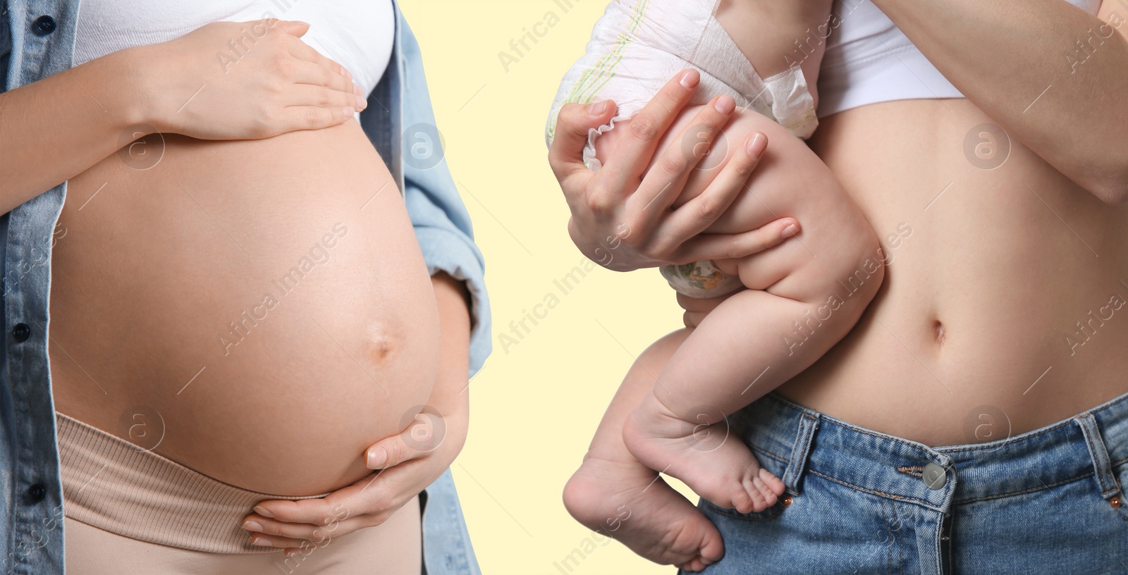 Image of Closeup view of mother with baby and pregnant woman touching her belly on beige background, collage