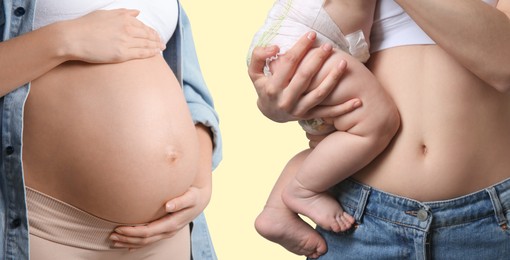 Closeup view of mother with baby and pregnant woman touching her belly on beige background, collage