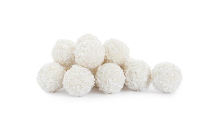 Photo of Tasty sweet coconut balls isolated on white