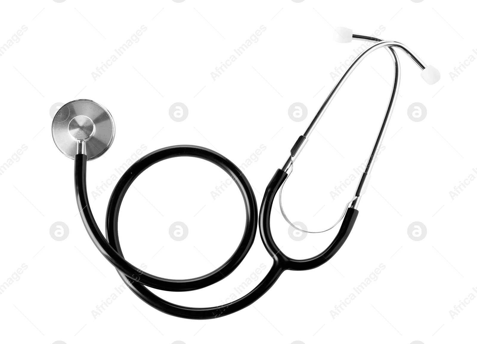 Photo of Stethoscope on white background, top view. Medical device