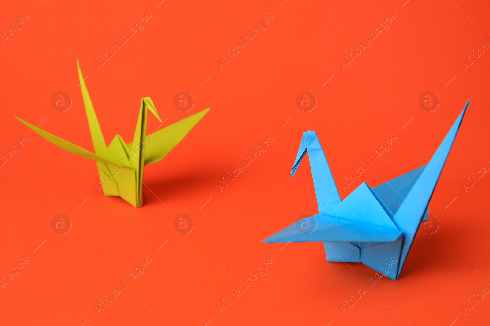 Photo of Origami art. Colorful handmade paper cranes on orange background