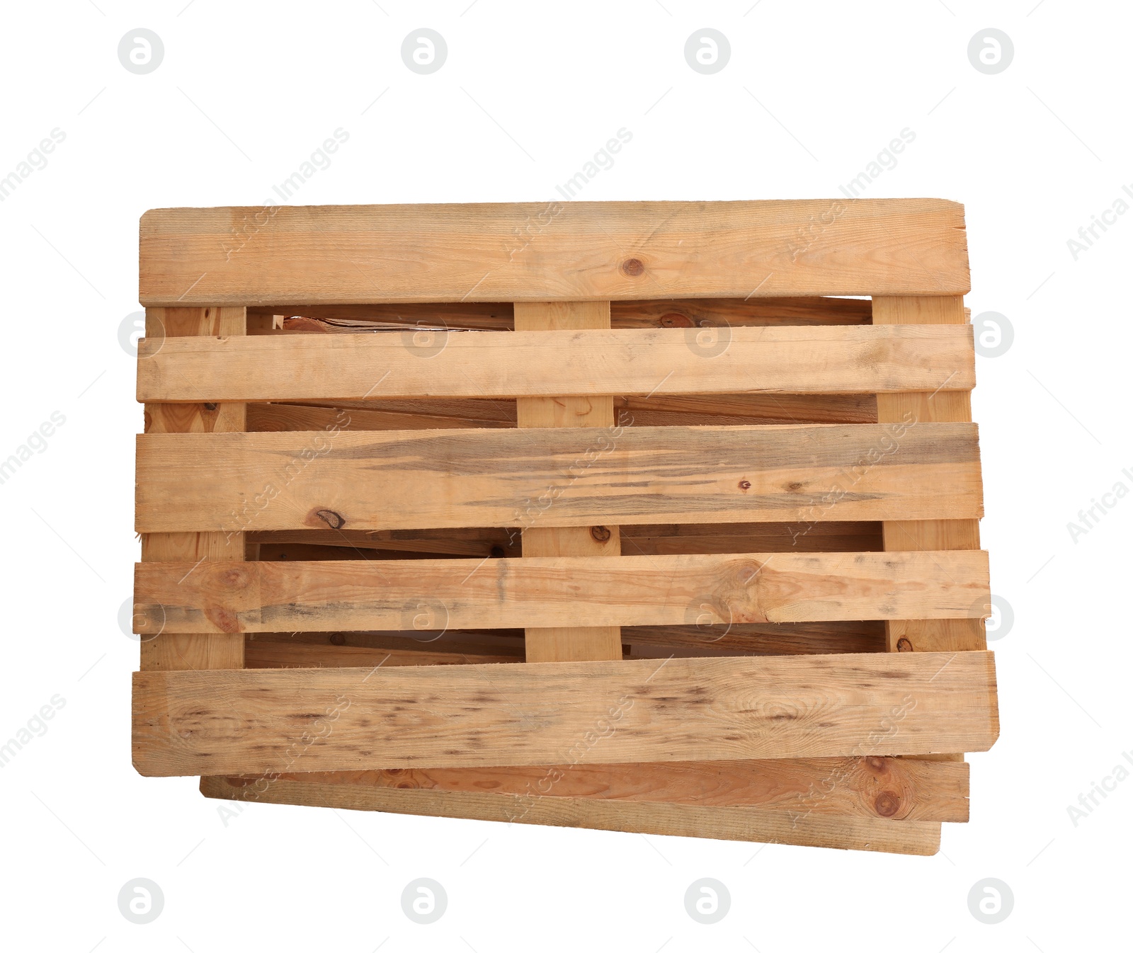 Photo of Stacked wooden pallets isolated on white, top view. Transportation and storage