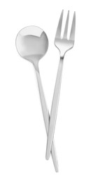 Spoon and fork isolated on white, top view. Stylish shiny cutlery set