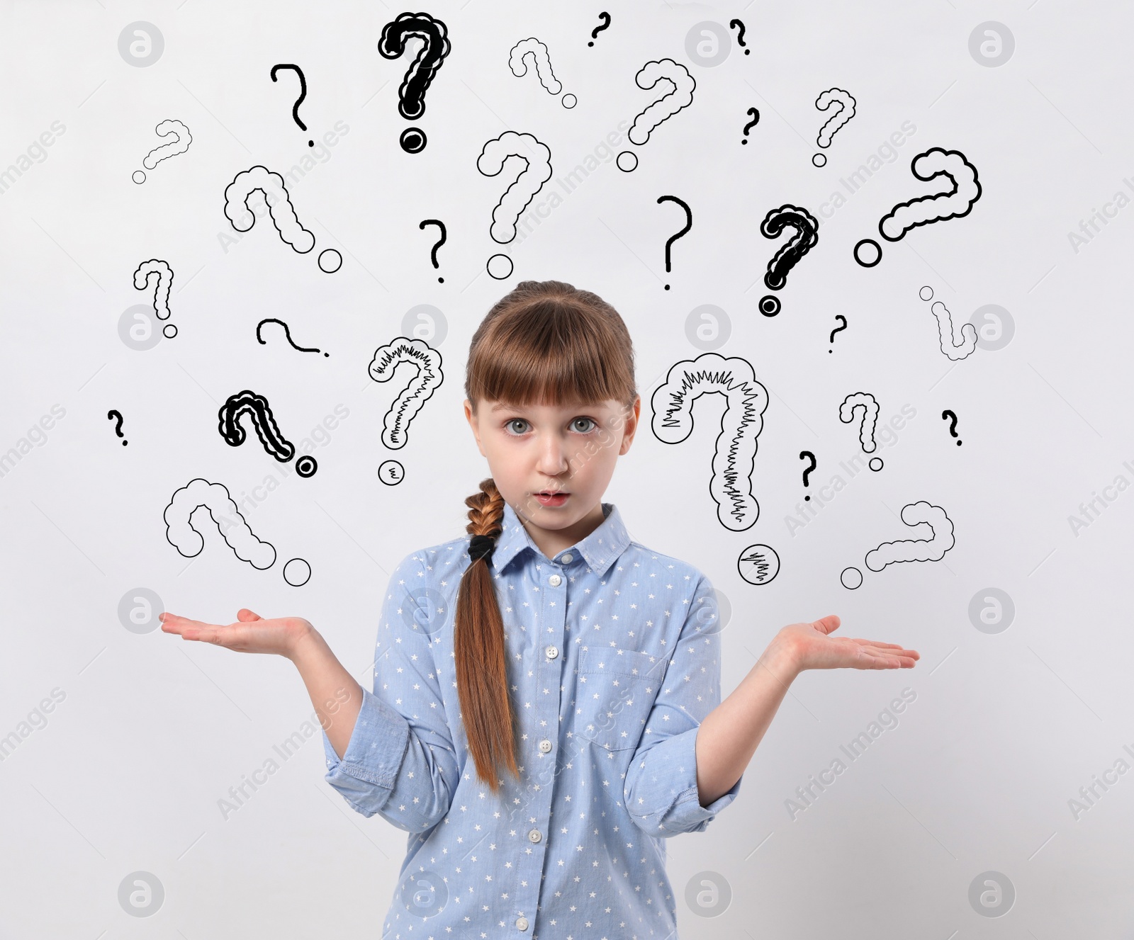 Image of Emotional girl with drawings of question marks on white background